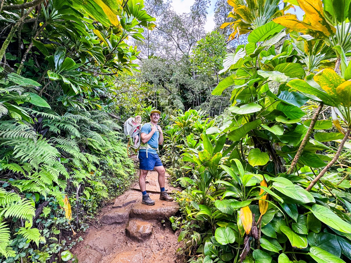 Dad wearing baby in a hiking backpack on Kalalau Trail in Kauai, Hawaii