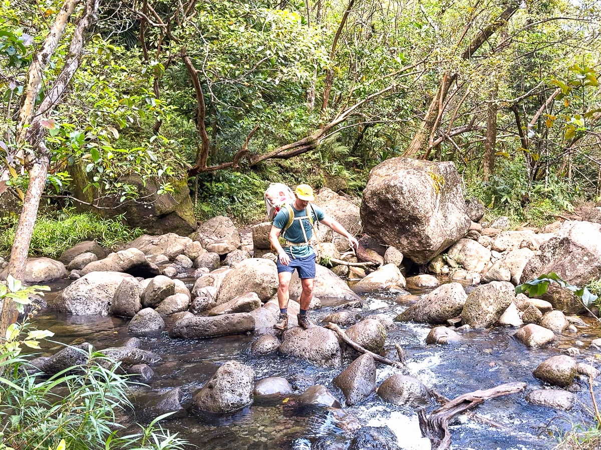 Dad and baby crossing river on Kalalau Trail, hiking to Hanakapiai Falls in Kauai, Hawaii