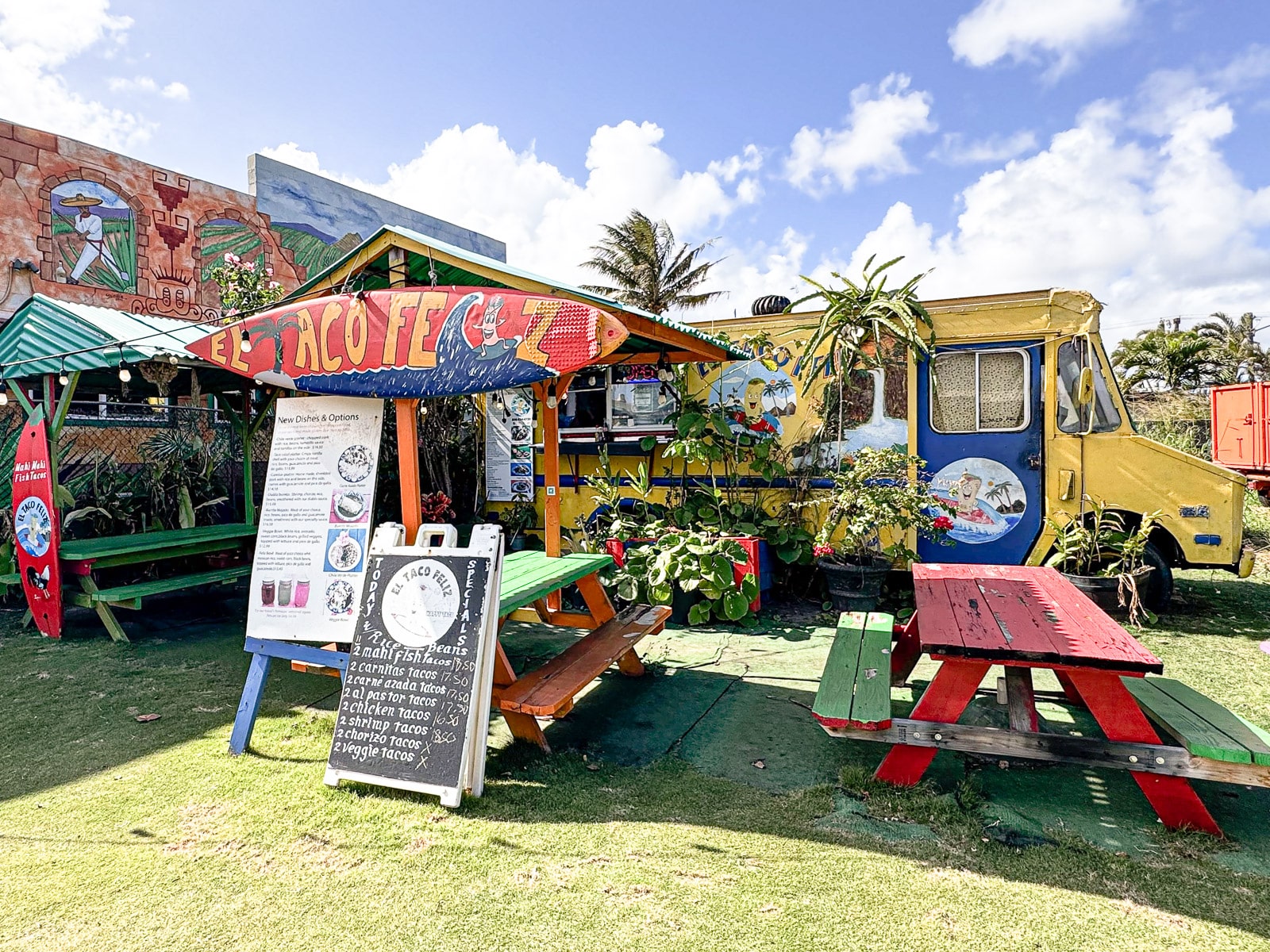 Outside of El Taco Feliz. Taco truck with picnic tables in Kauai, Hawaii